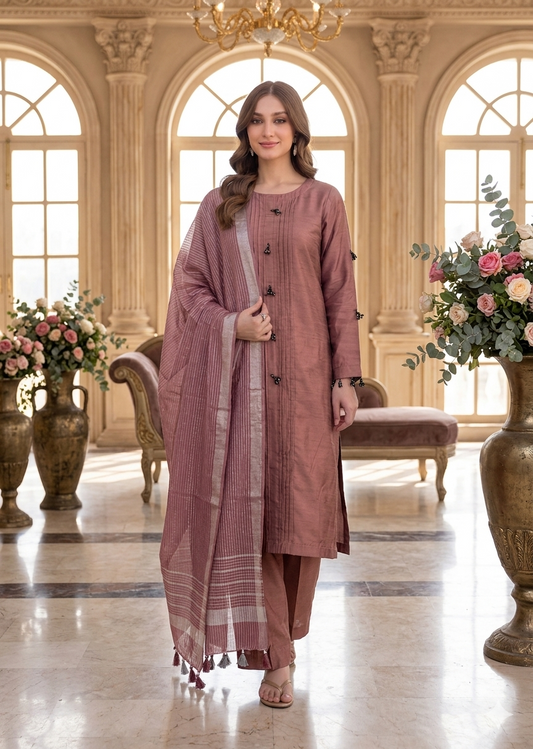 Dusty Rose Elegance – Cotton Silk 3-Piece Suite with Banarsi Khadi Dupatta