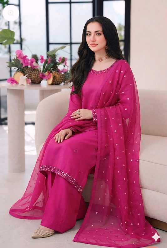 Hand-Embellished Fuchsia Silk 3-Piece Suite