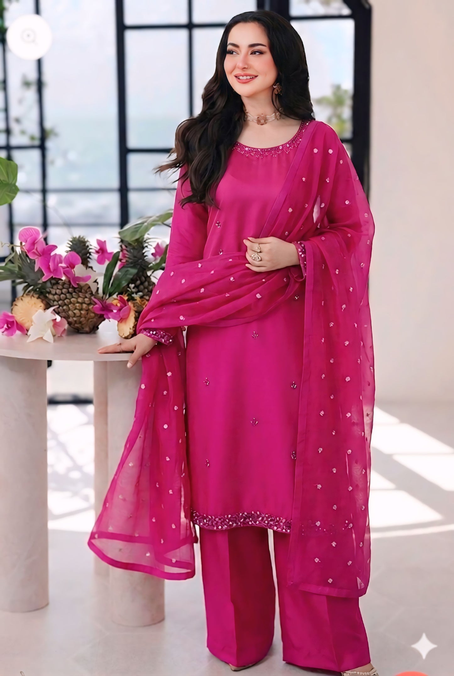 Hand-Embellished Fuchsia Silk 3-Piece Suite
