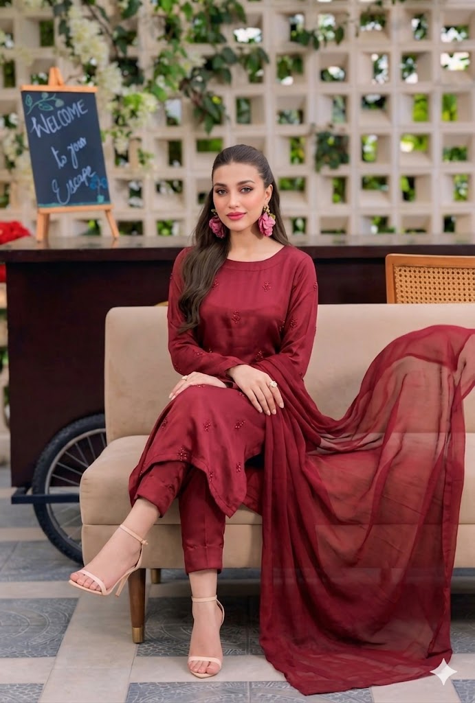 Mahroon Silk Elegance – Handwork 3PC
