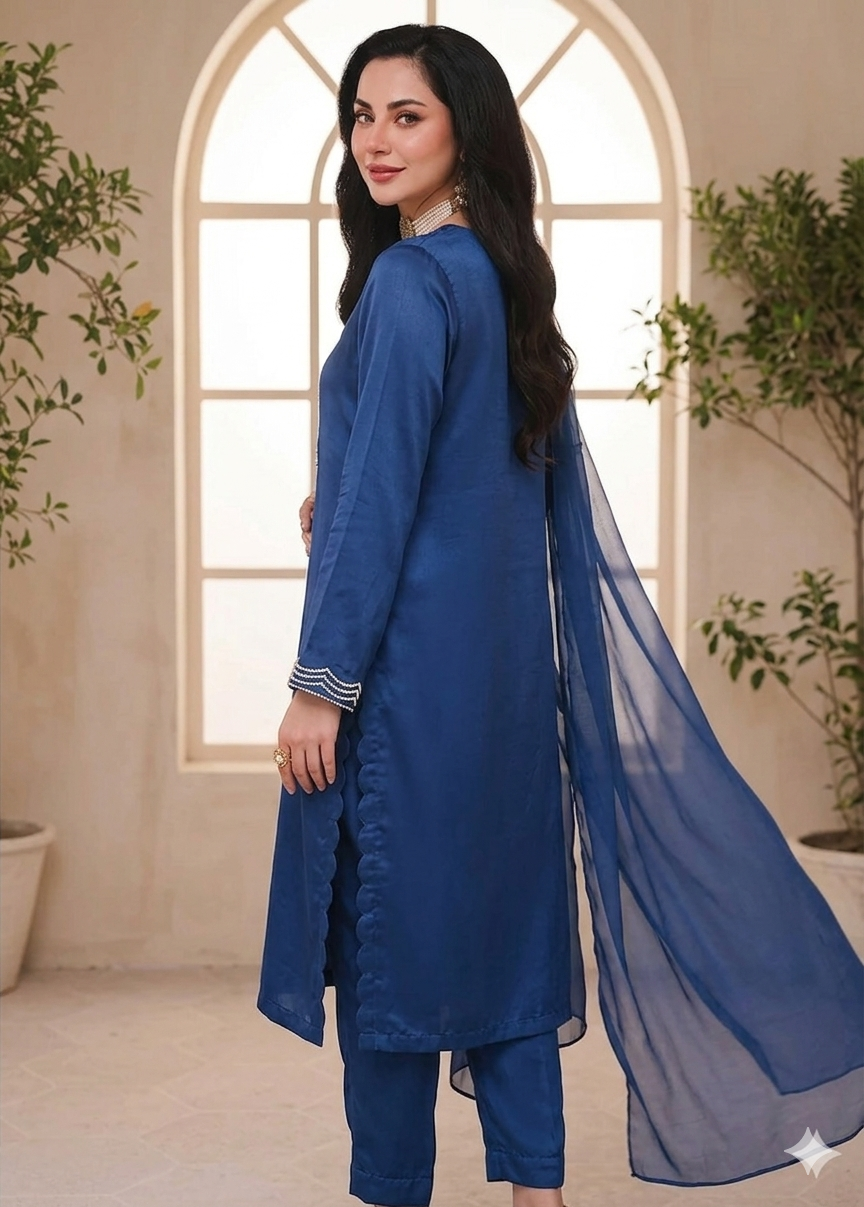 💙  Blue Silk Elegance – Handwork 3PC Suit