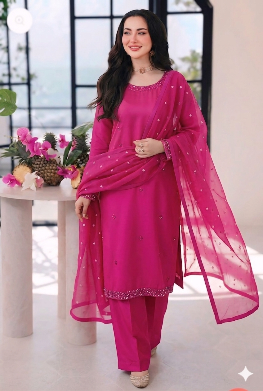 Hand-Embellished Fuchsia Silk 3-Piece Suite