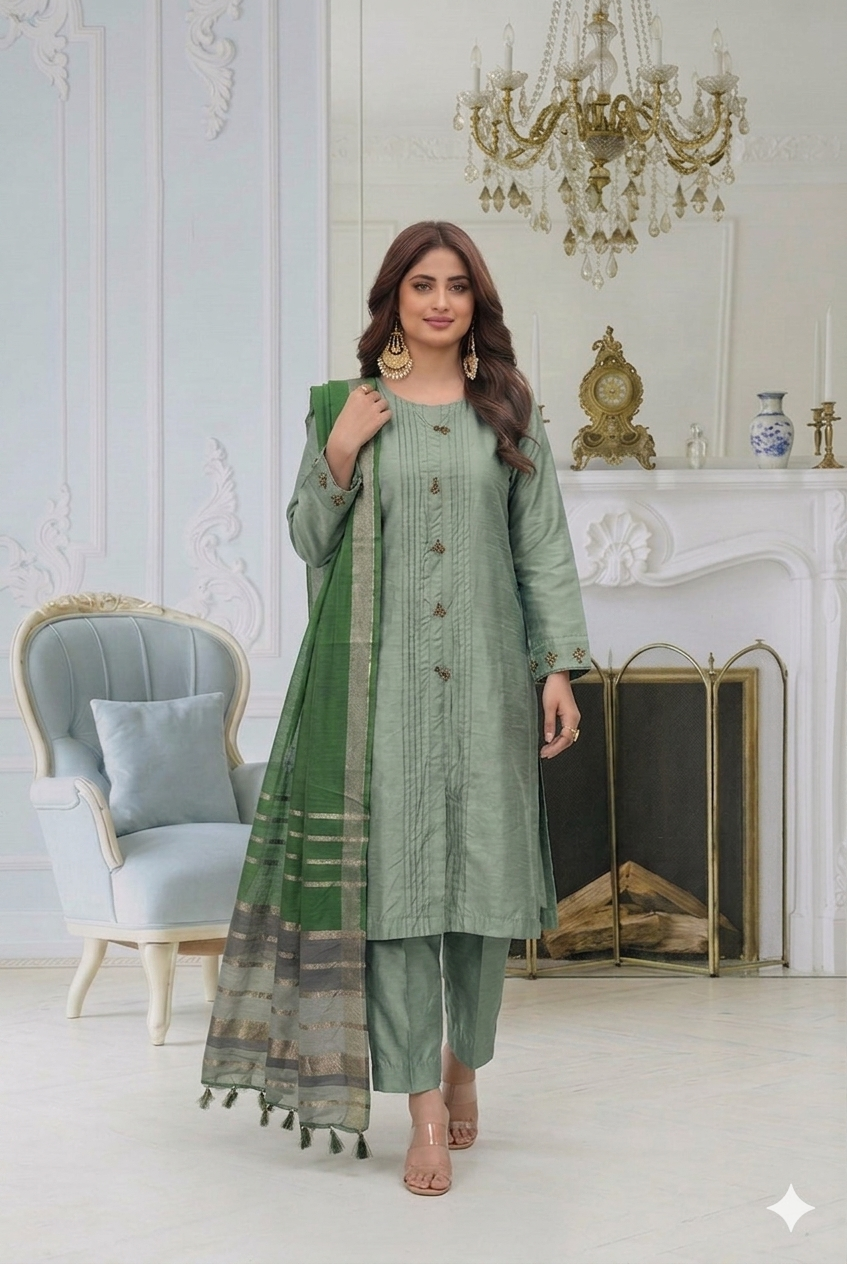 Pistachio Glow – Premium Cotton Silk 3-Piece Suite with Banarsi Khadi Dupata