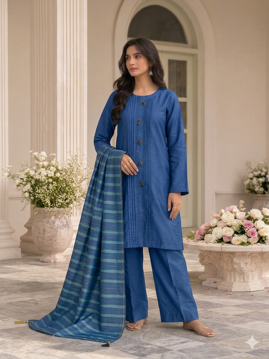 Mid Night Blue Cotton Silk Suite with Banarsi Khadi Cotton Dupatta