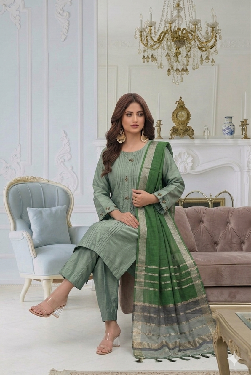 Pistachio Glow – Premium Cotton Silk 3-Piece Suite with Banarsi Khadi Dupata