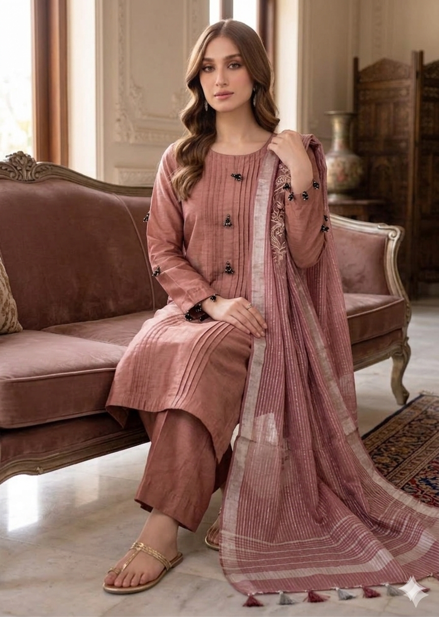 Dusty Rose Elegance – Cotton Silk 3-Piece Suite with Banarsi Khadi Dupatta