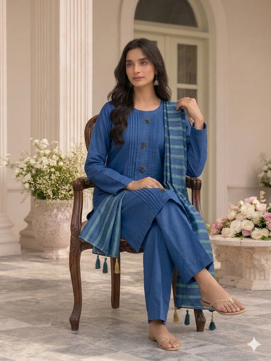 Mid Night Blue Cotton Silk Suite with Banarsi Khadi Cotton Dupatta