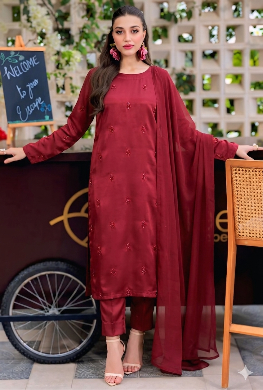 Mahroon Silk Elegance – Handwork 3PC