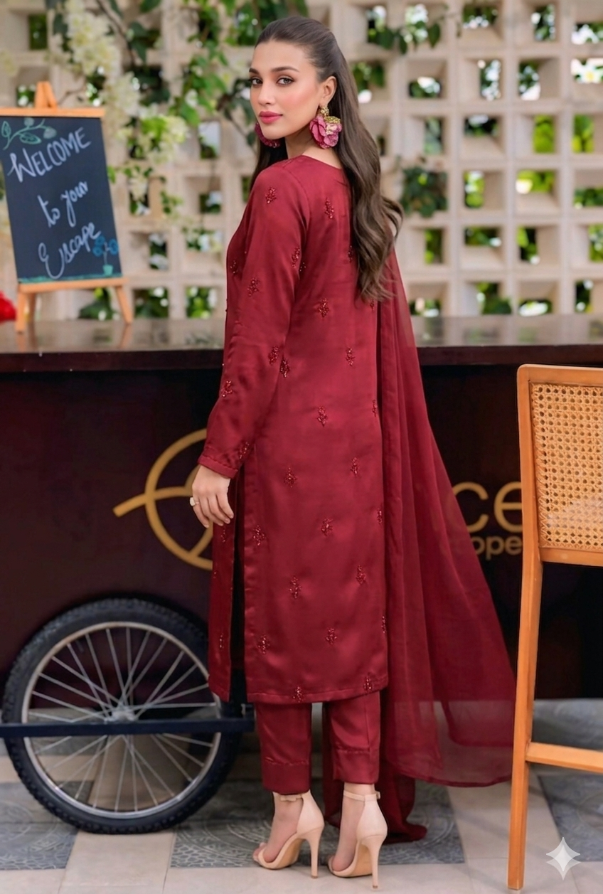 Mahroon Silk Elegance – Handwork 3PC