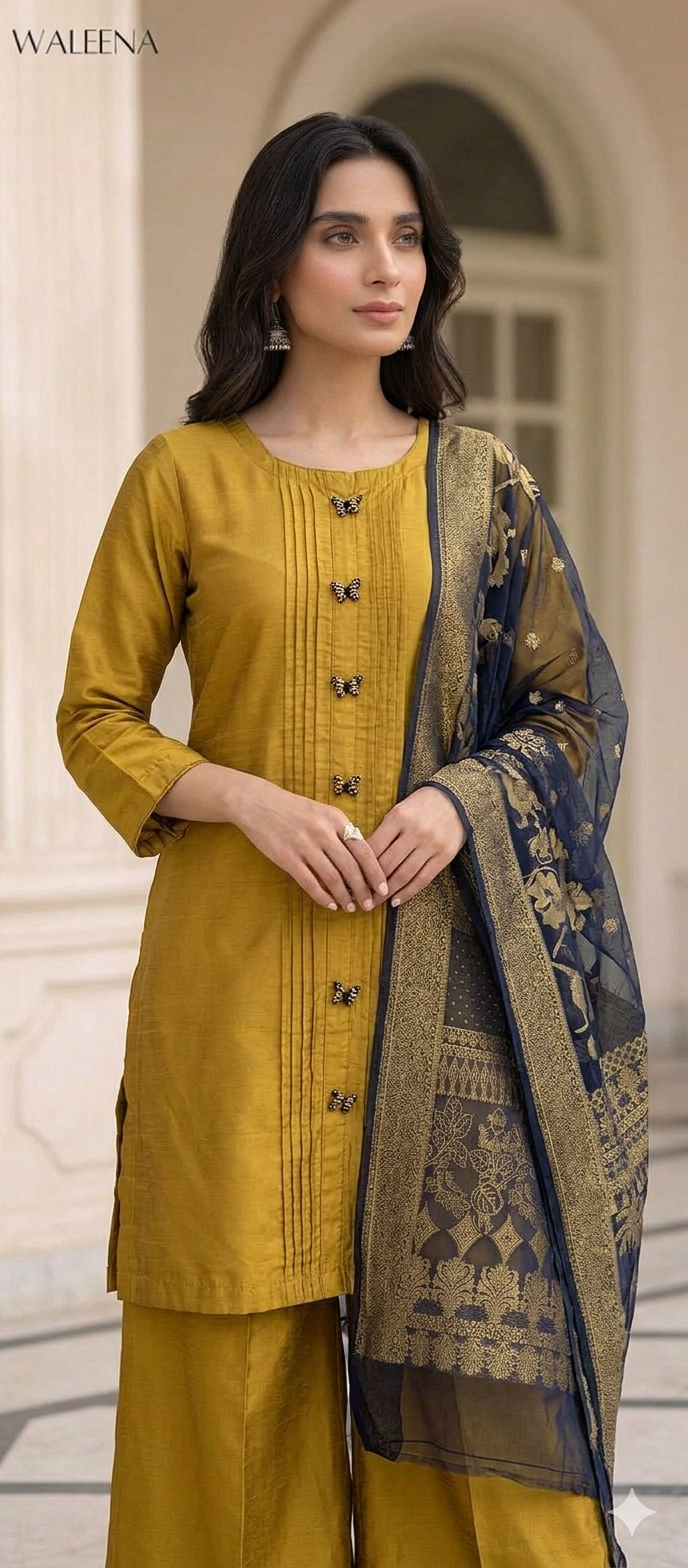 Mustard Cotton Silk 3-Piece Suite with Banarasi Viscose Dupatta