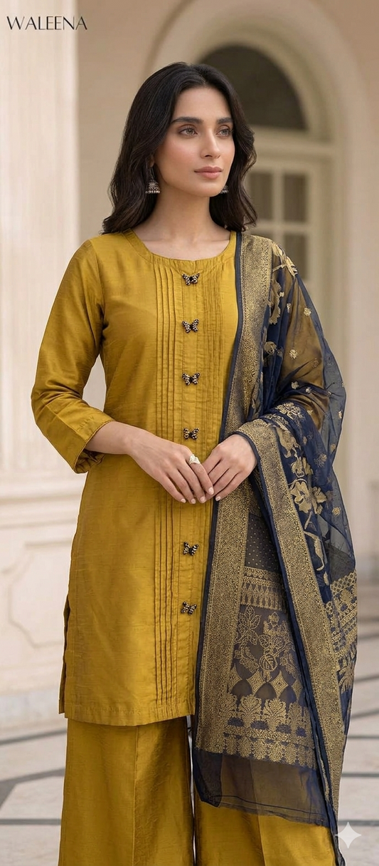 Mustard Cotton Silk 3-Piece Suite with Banarasi Viscose Dupatta