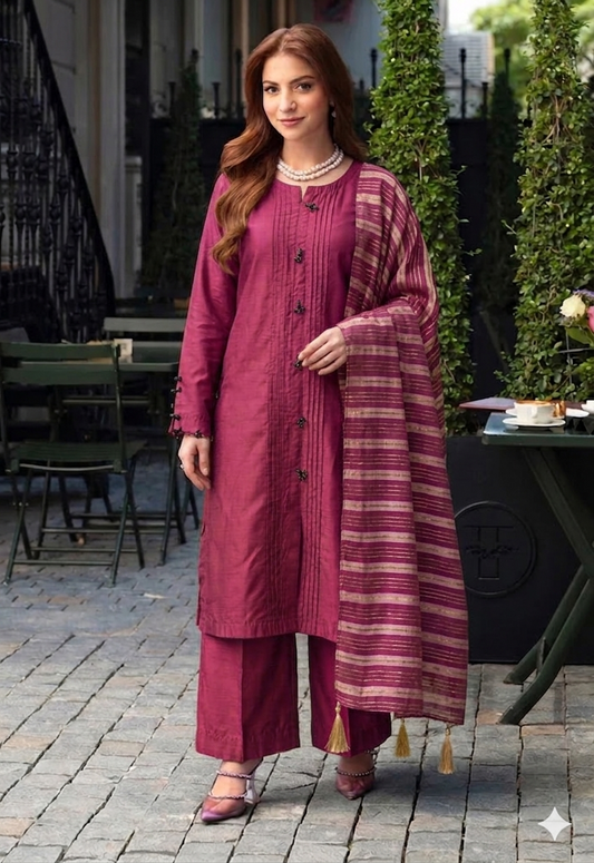Magenta Majesty – Premium Cotton Silk Suite with Banarsi Khadi Dupatta