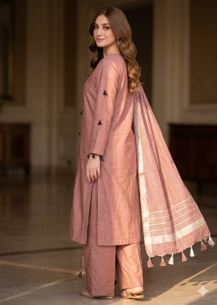 Dusty Rose Elegance – Cotton Silk 3-Piece Suite with Banarsi Khadi Dupatta