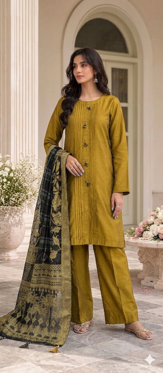Mustard Cotton Silk 3-Piece Suite with Banarasi Viscose Dupatta