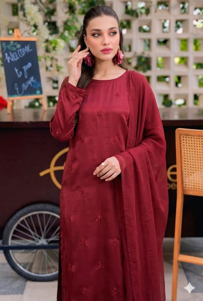 Mahroon Silk Elegance – Handwork 3PC