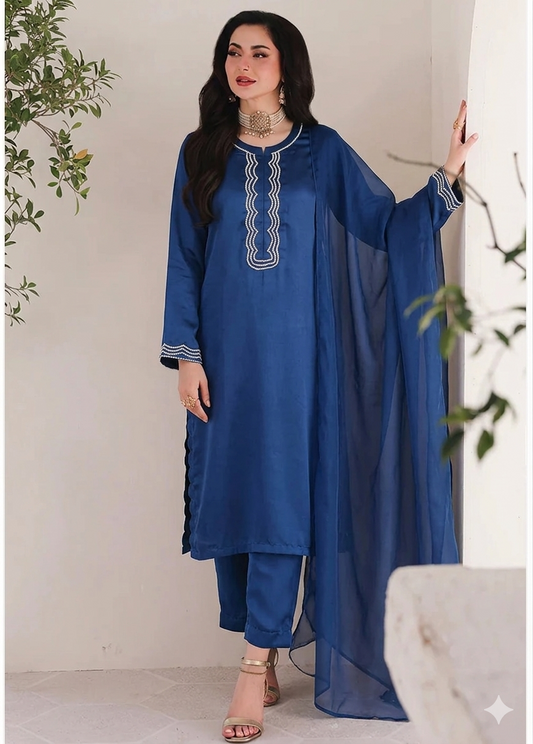 💙  Blue Silk Elegance – Handwork 3PC Suit
