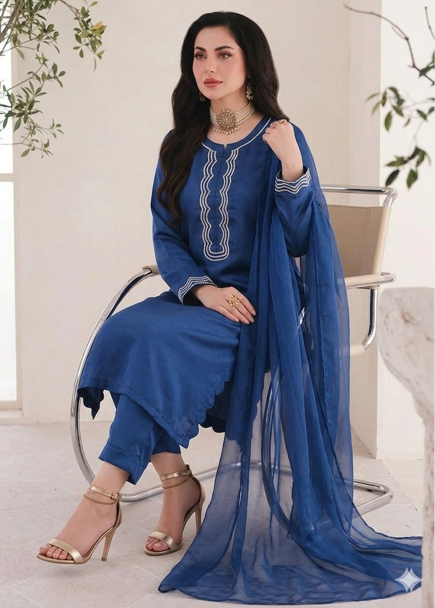 💙  Blue Silk Elegance – Handwork 3PC Suit