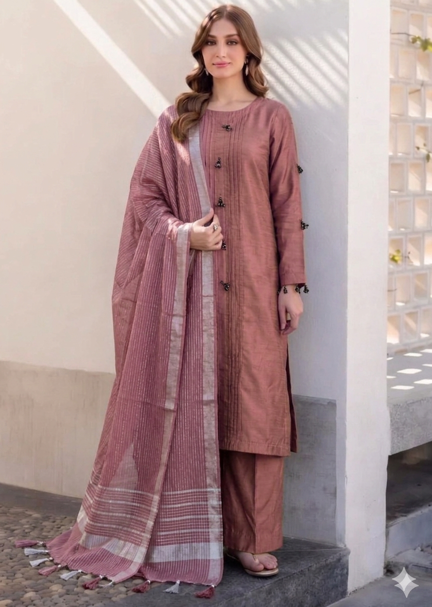Dusty Rose Elegance – Cotton Silk 3-Piece Suite with Banarsi Khadi Dupatta