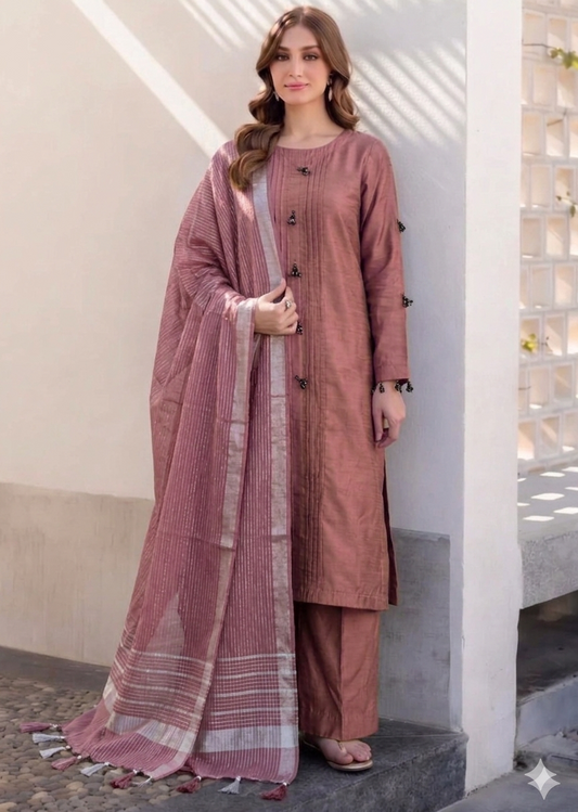 Dusty Rose Elegance – Cotton Silk 3-Piece Suite with Banarsi Khadi Dupatta