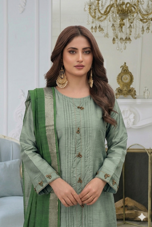 Pistachio Glow – Premium Cotton Silk 3-Piece Suite with Banarsi Khadi Dupata