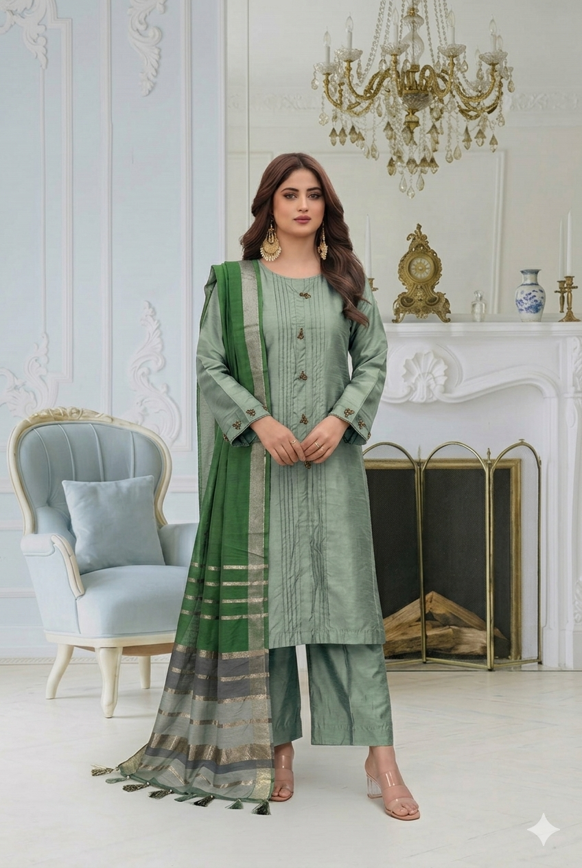 Pistachio Glow – Premium Cotton Silk 3-Piece Suite with Banarsi Khadi Dupata