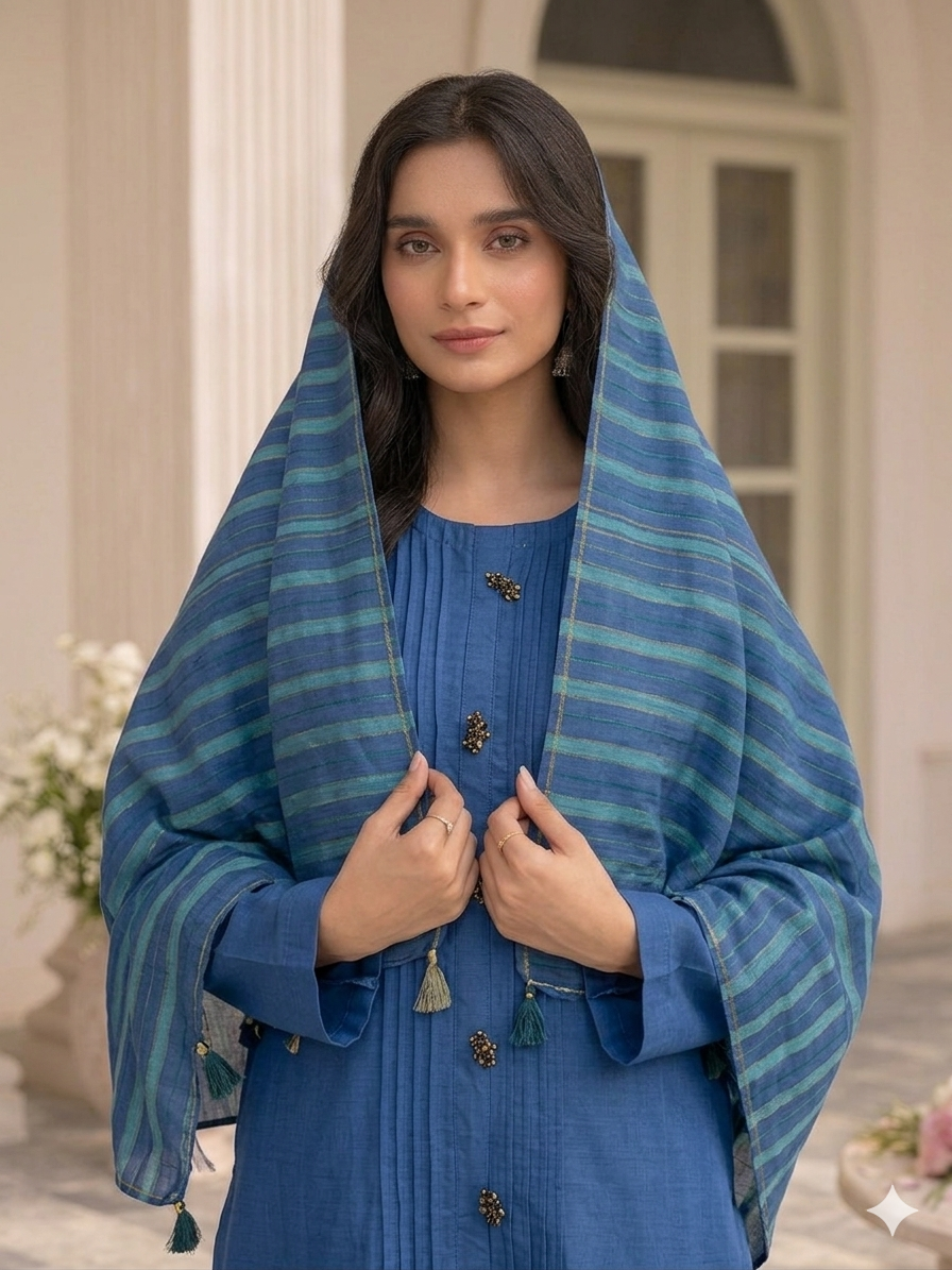 Mid Night Blue Cotton Silk Suite with Banarsi Khadi Cotton Dupatta