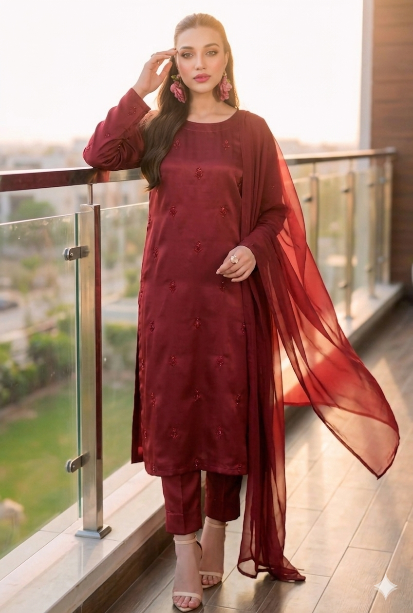 Mahroon Silk Elegance – Handwork 3PC
