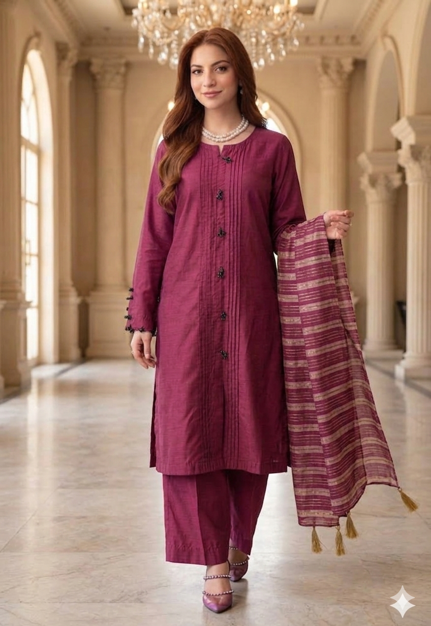 Magenta Majesty – Premium Cotton Silk Suite with Banarsi Khadi Dupatta