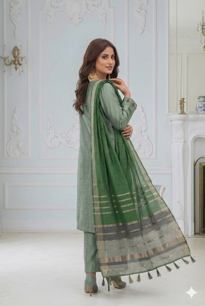 Pistachio Glow – Premium Cotton Silk 3-Piece Suite with Banarsi Khadi Dupata