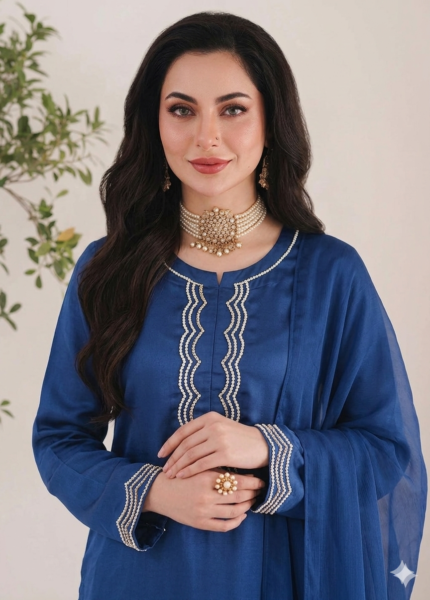 💙  Blue Silk Elegance – Handwork 3PC Suit
