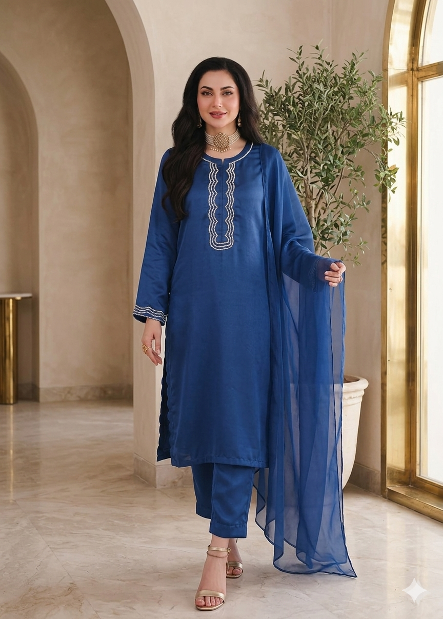 💙  Blue Silk Elegance – Handwork 3PC Suit