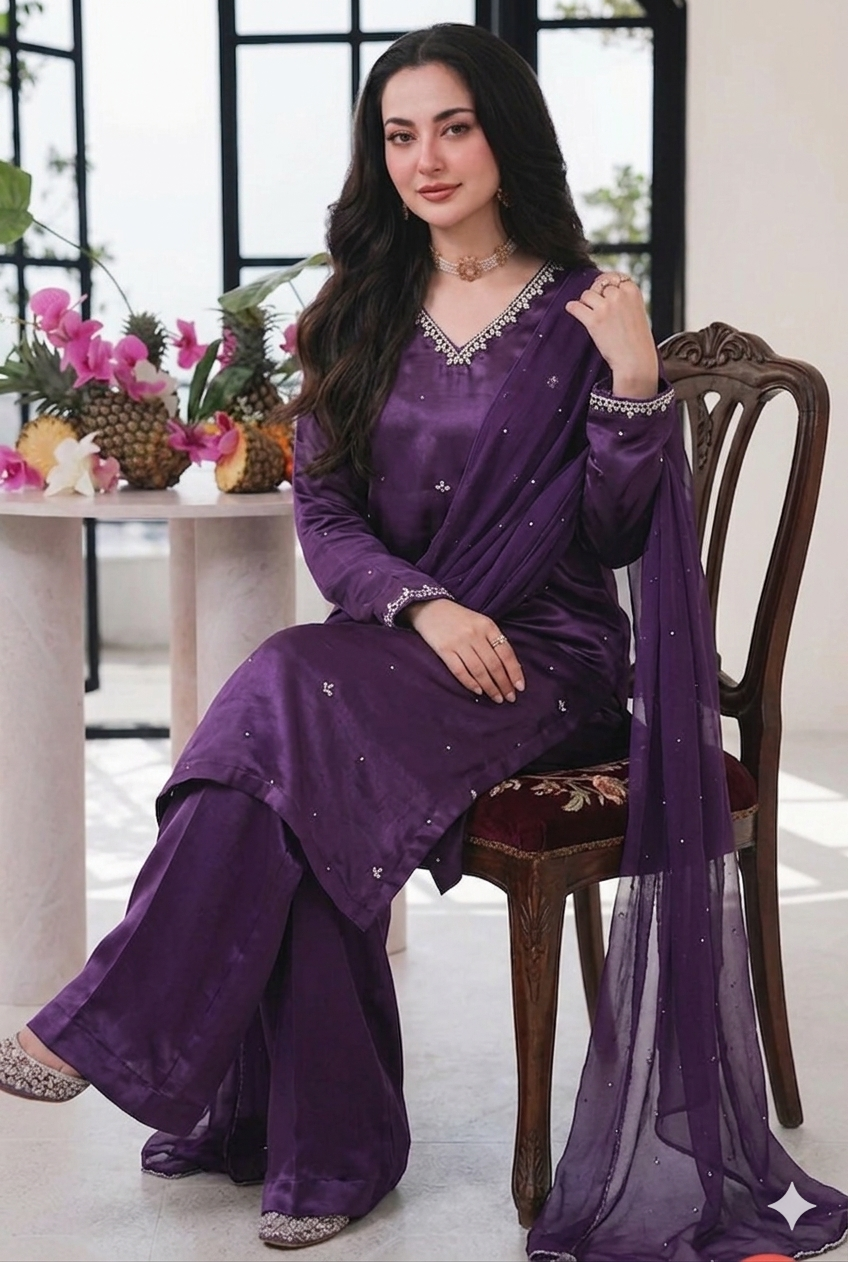 💜 Purple Silk Elegance – Handwork 3PC Suit