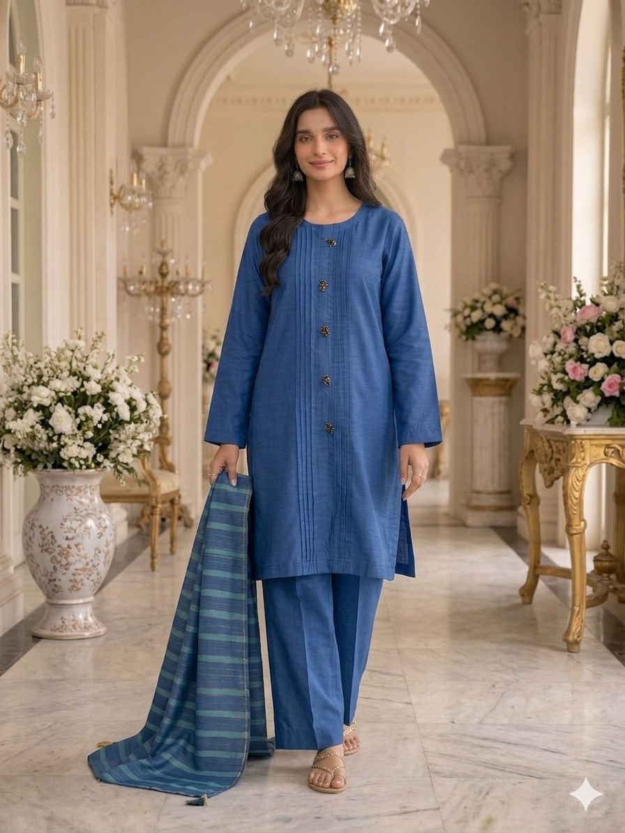 Mid Night Blue Cotton Silk Suite with Banarsi Khadi Cotton Dupatta